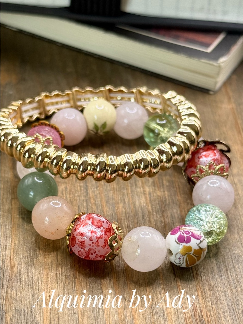 Pink, Green & Cream Beaded Bracelet Set with Gold Accents AVENTURINE + QUARTZ
